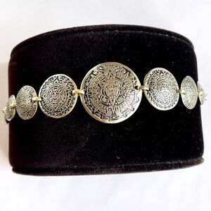 Gorgeous Vintage Mayan Calendar Graduated Sterling Silver Discs Bracelet 7.5”